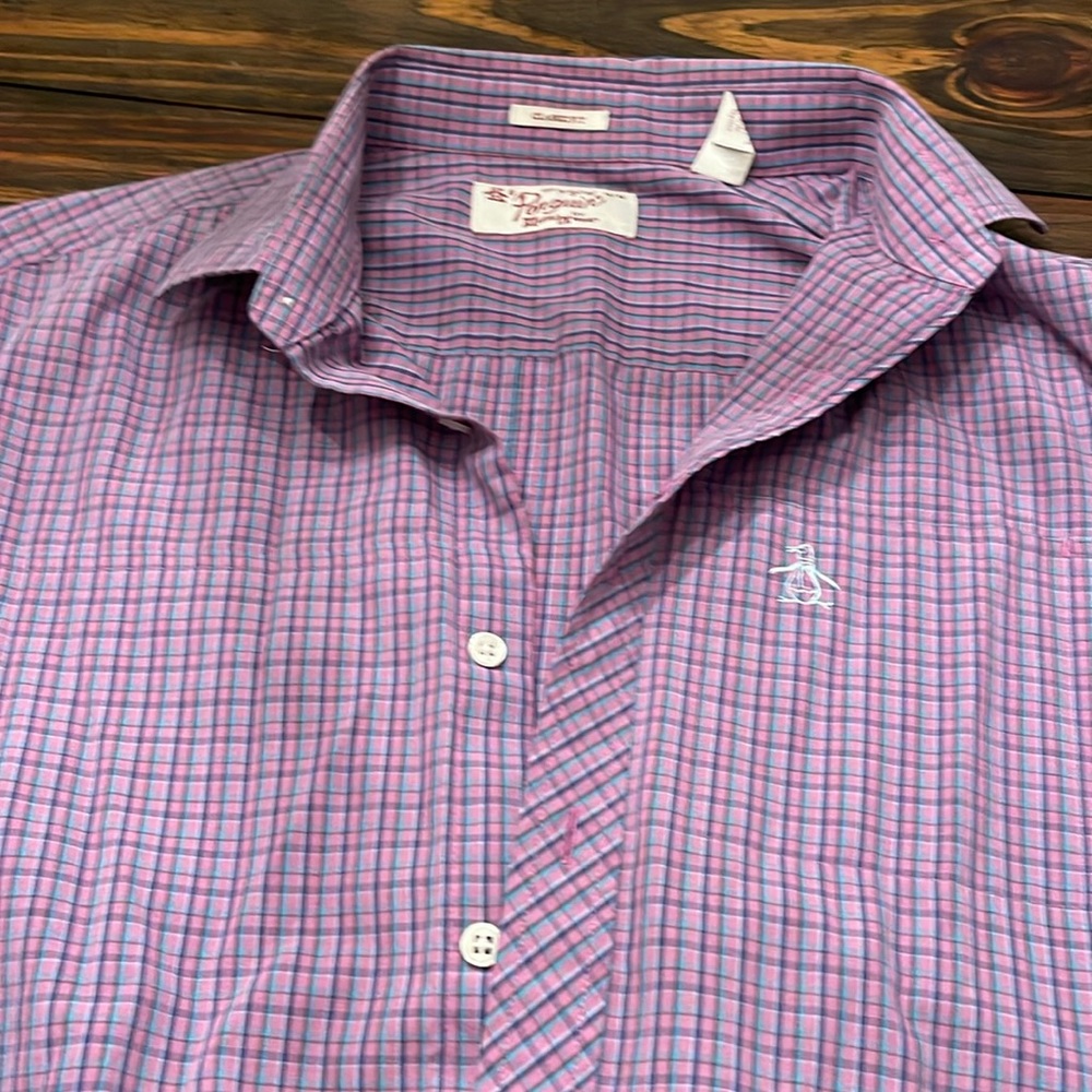 Penguin purple check button shirt M